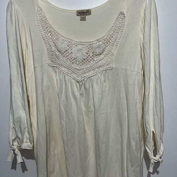 One World Women's Cream Crochet Sequin 3/4 Sleeve 100% Cotton Blouse Large - Picture 3 of 9